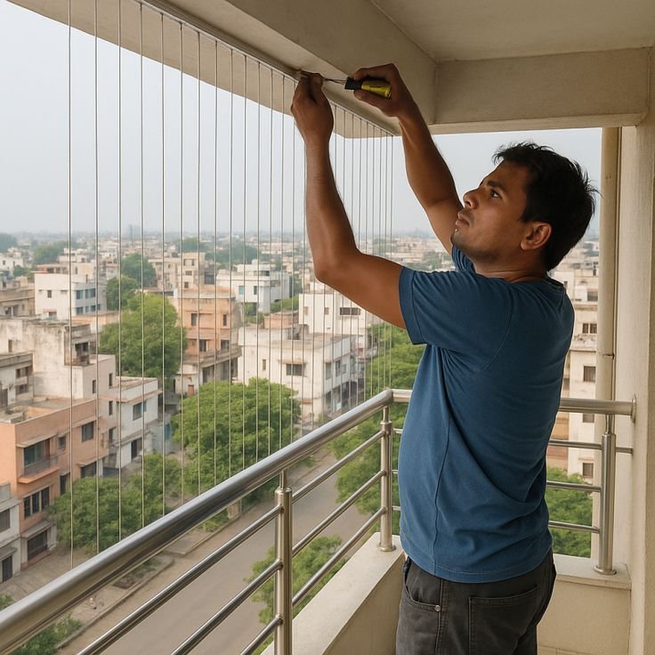 Modern apartment complex balcony invisible grill installation